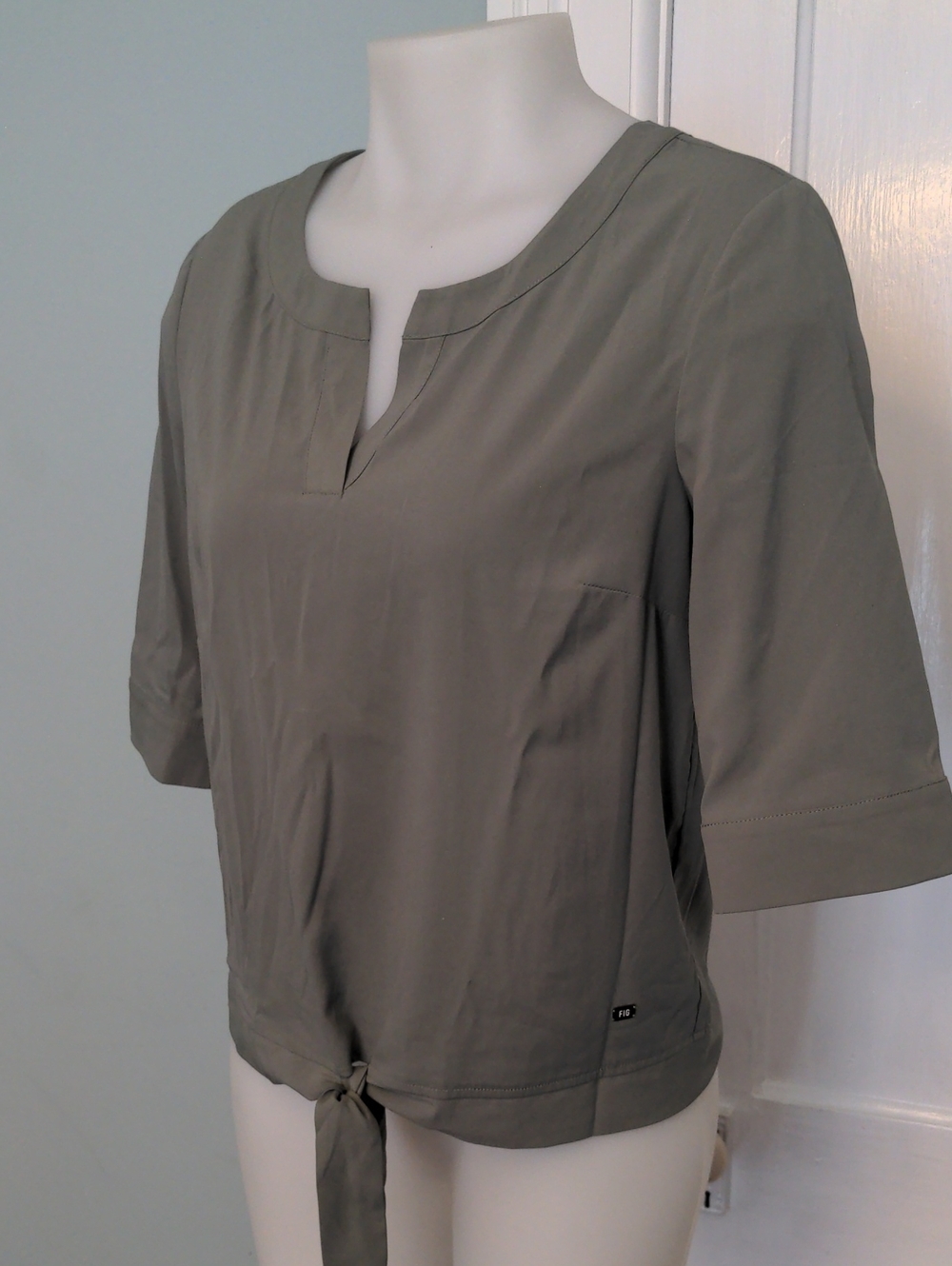Tie-Hem Olive Green Blouse with Notch Neck